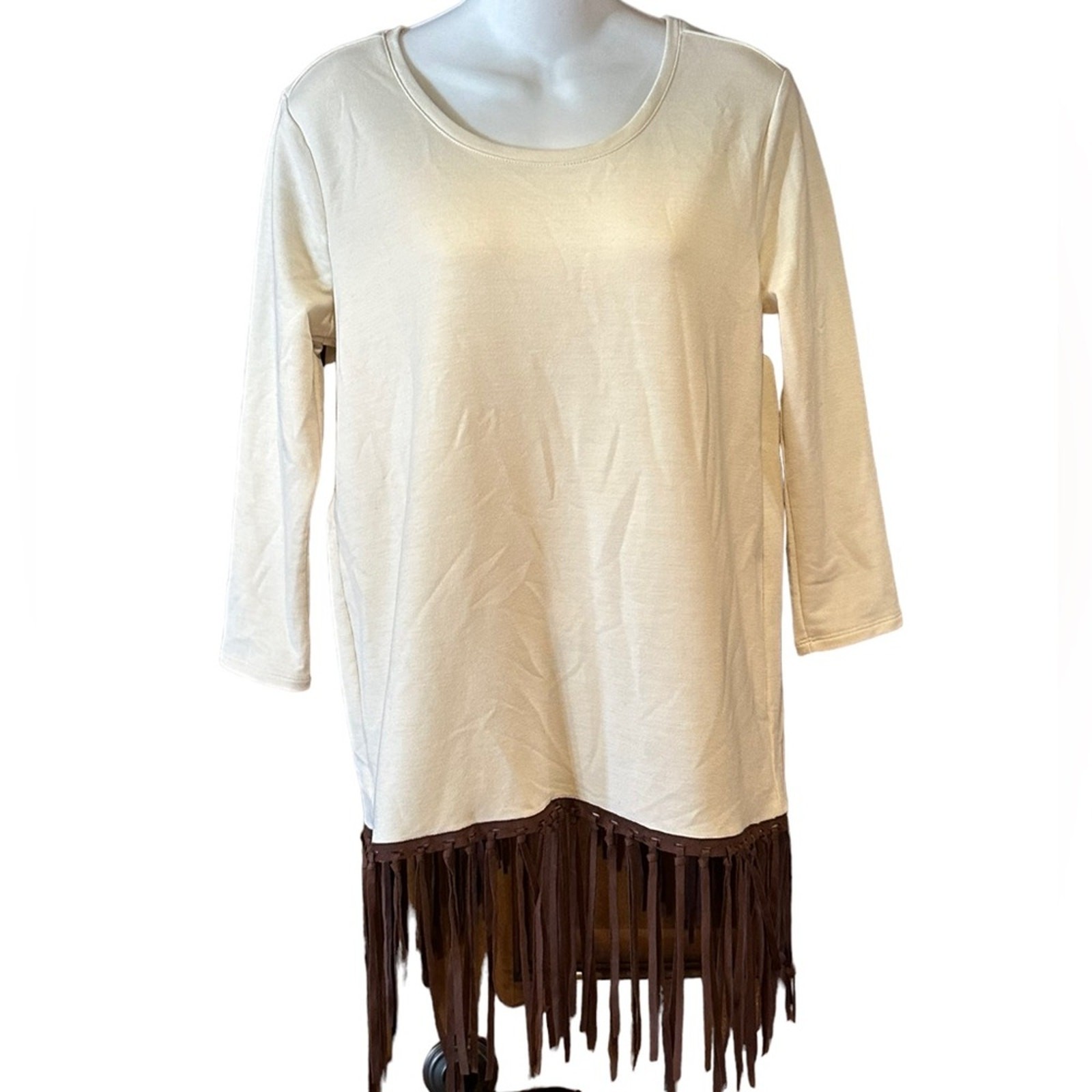 Cruel Denim Women’s Size Small Ivory 3/4 Sleeve Brown Fringe Bottom and Back Top