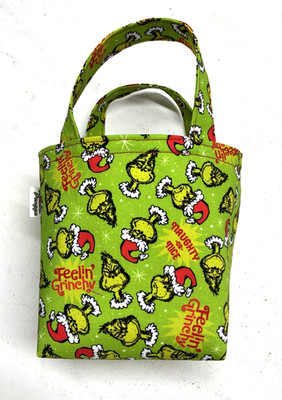Handmade Fabric Lined Mini Tote Bag/Gift Bag Reusable Green Christmas Grinch New