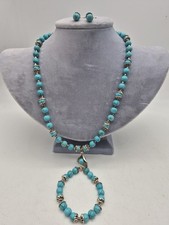 Turquoise Bead Jewelry Set Necklace Bracelet Earrings Silver Tone Pendant