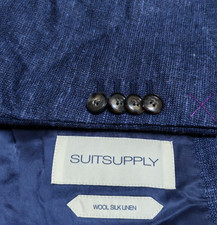 Suitsupply Lazio cloth E. THOMAS Wool Silk Linen blue slim 3 piece suit 36R 38R