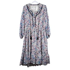 Dex Womens XL Maxi Dress Blue Pink Floral Paisley Metallic Boho Smocked Colorful