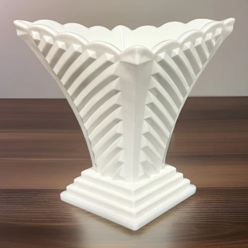 VINTAGE ART DECO WHITE MILK GLASS 7¼" PEDESTAL VASE-Fluted Dart Corner- EUC