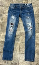 Miss Me Signature Ankle Skinny Distressed Plaid Patch Jeans Women's Size 27 X 30