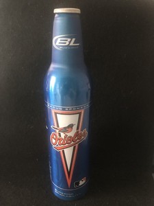 Vtg. 2009  MLB Baltimore Orioles 16oz Aluminum Budweiser Beer Bottle + Placard