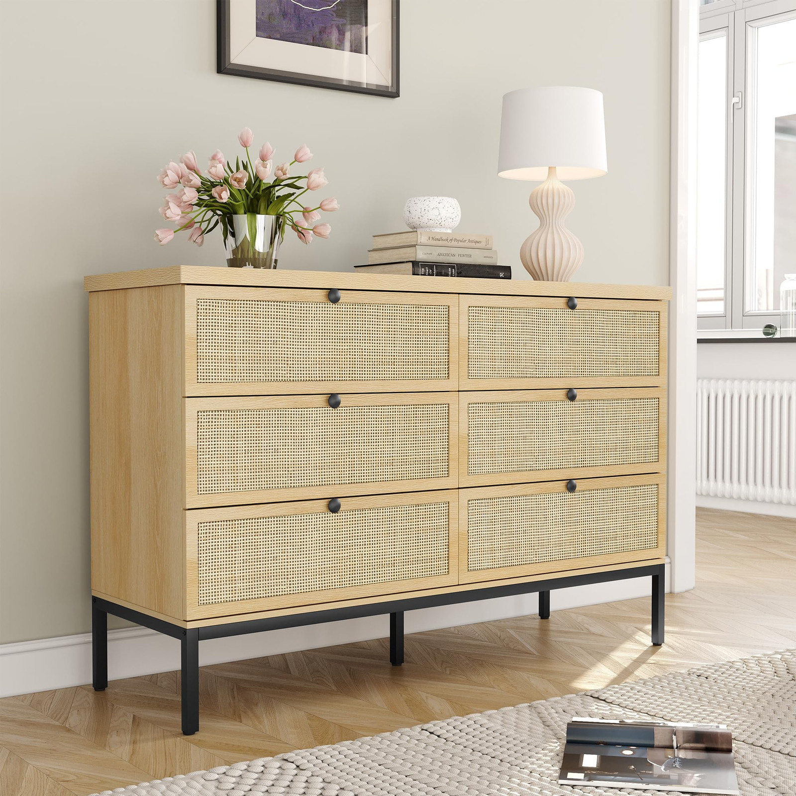 Modern 6 Drawer Dresser with Natural Rattan Drawers, Industrial Wood Double D...