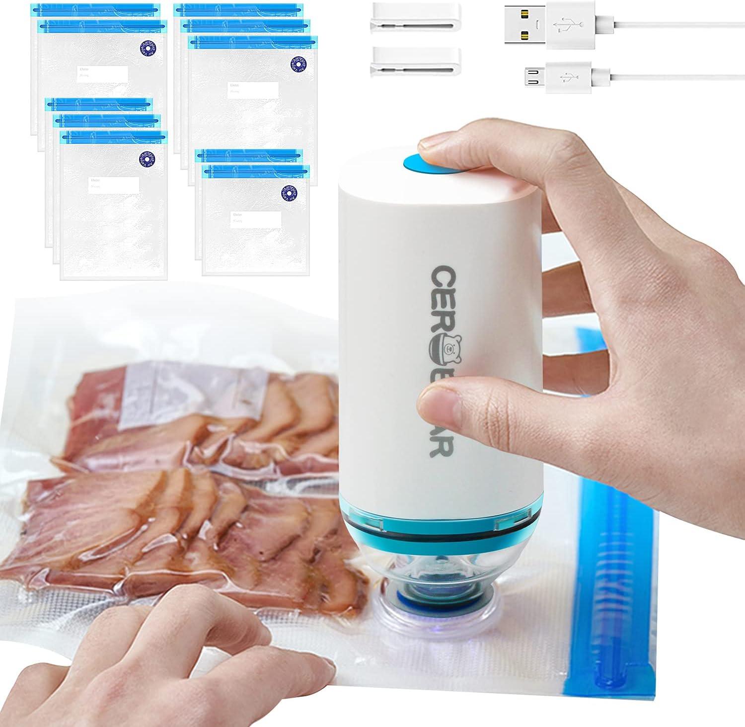 Portable Food Vacuum Sealer Machine with 10Pcs Bpa-Free Reusable Sous Vide Bags