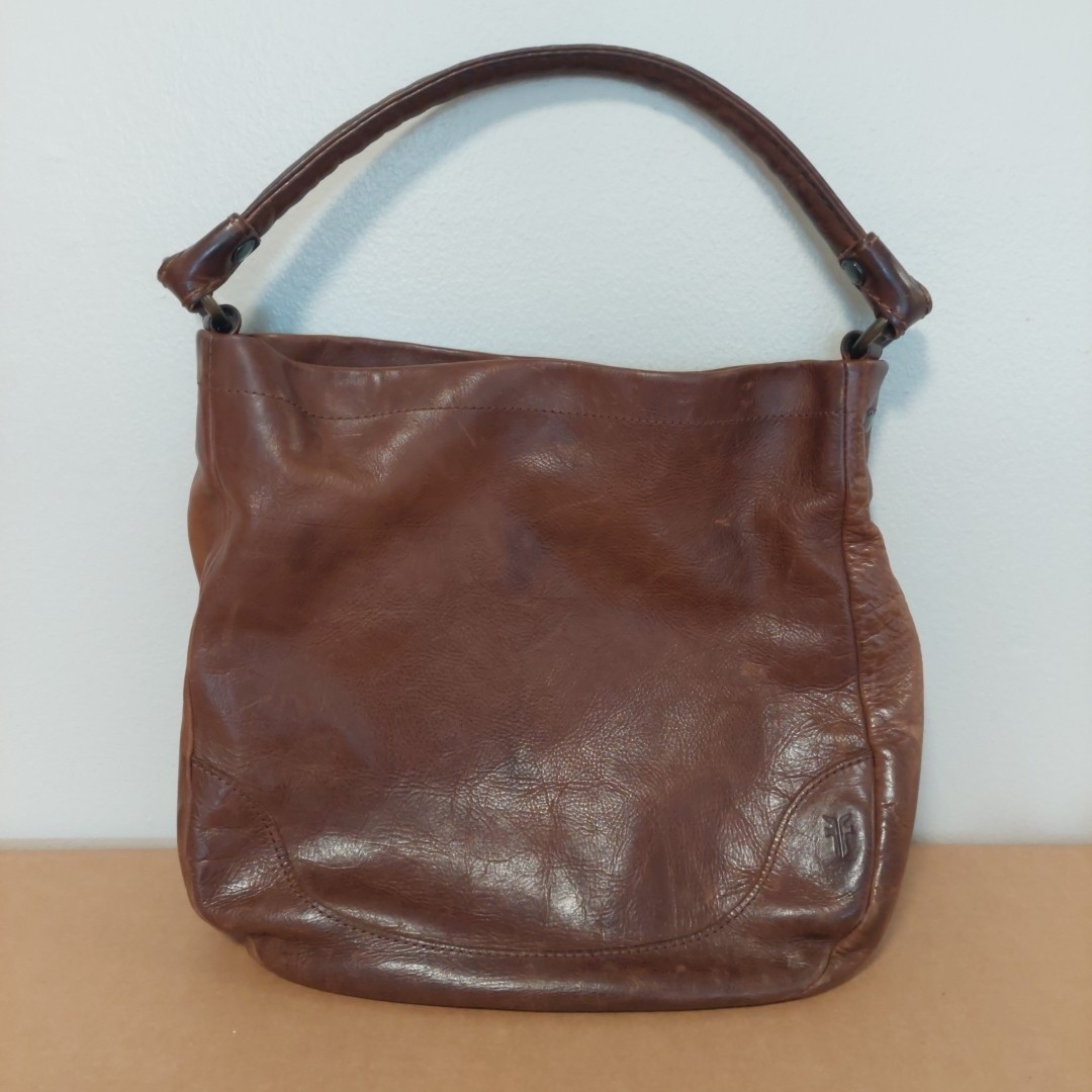 Frye Leather Hobo Bag Shoulder Purse Cognac Brown Side Pockets Medium