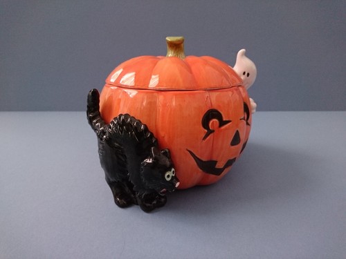 FITZ AND FLOYD HALLOWEEN KÜRBIS SCHWARZE KATZE & GEIST BONBONIERE Vintage 1987 - Bild 3 von 13