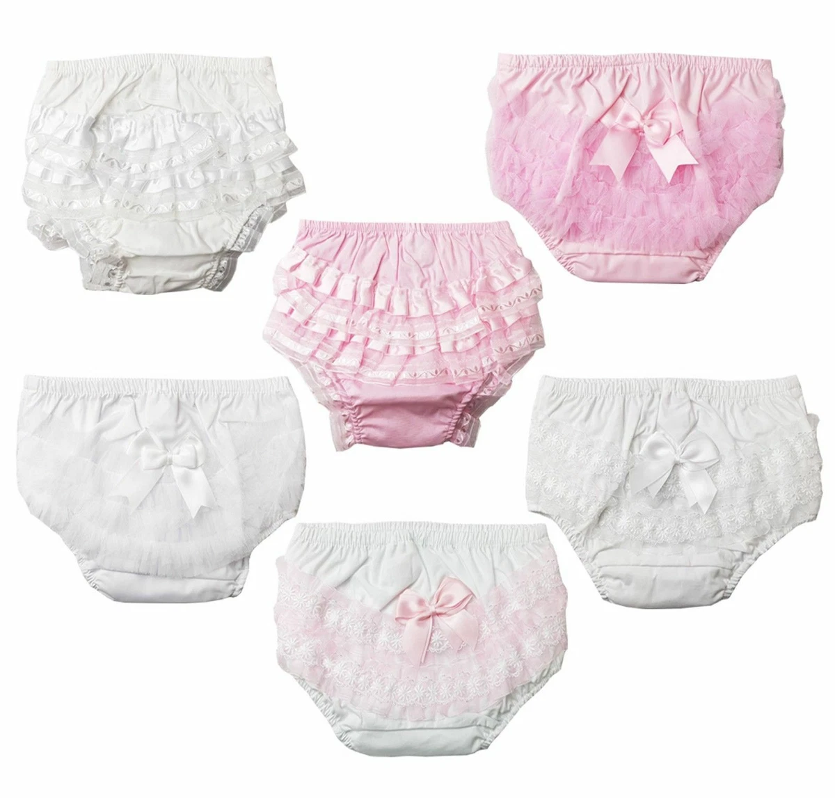 Baby Girls White Frilly Cotton Lace Pants Over Nappy Bow Knickers