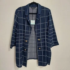 Ming Wang Heritage Fit Blue Dashed Windowpane Open Knit Jacket Gold Buttons 1X