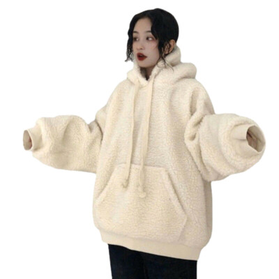 Women White Fleece Sweatshirt Lady Kangaroo Pocket Hoodie Pullover