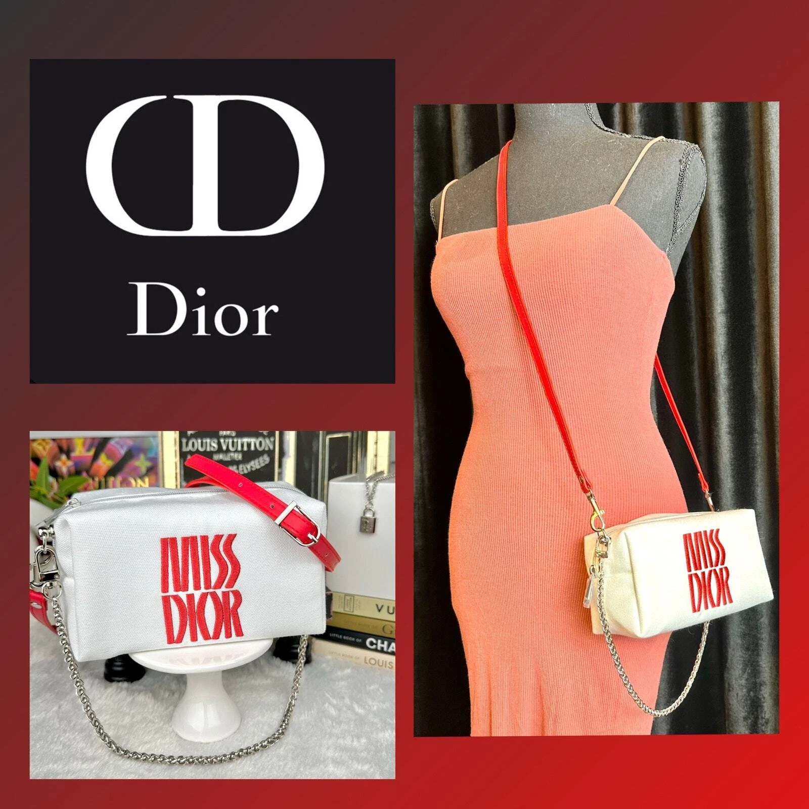 Sac bandoulière en toile MISS DIOR Beauty Line avec sangle et chaîne.