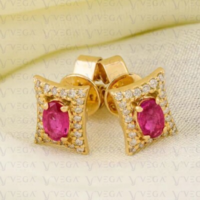 4.50ct Oval Cut Natural Ruby & Diamond Stud Earring 14K Solid Yellow Gold