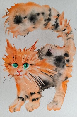  Original Ginger tabby cat art Watercolor painting,pet lover gift,orange Cat 