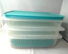 Tupperware Fridge Stack-able Deli Container With Grid Insert Teal 5  Pieces