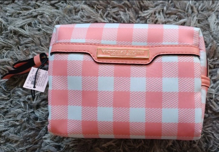 Victoria's Secret beauty glam bag new coral plaid logo