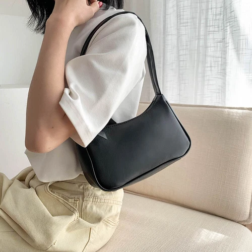 Bolso de hombro de cuero PU suave para mujeres color liso moda negro - Imagen 3 de 12