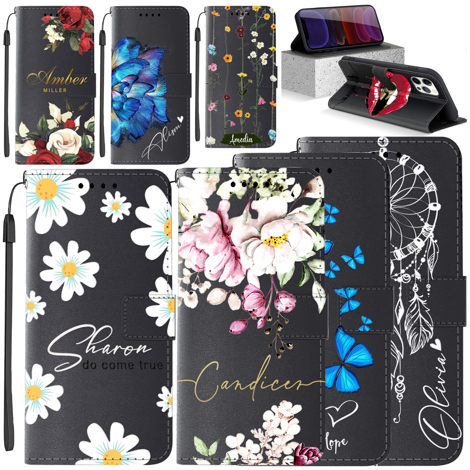 Folio Wallet Leather Floral Personalised Case Cover For iPhone 16 15 14 13 12 11