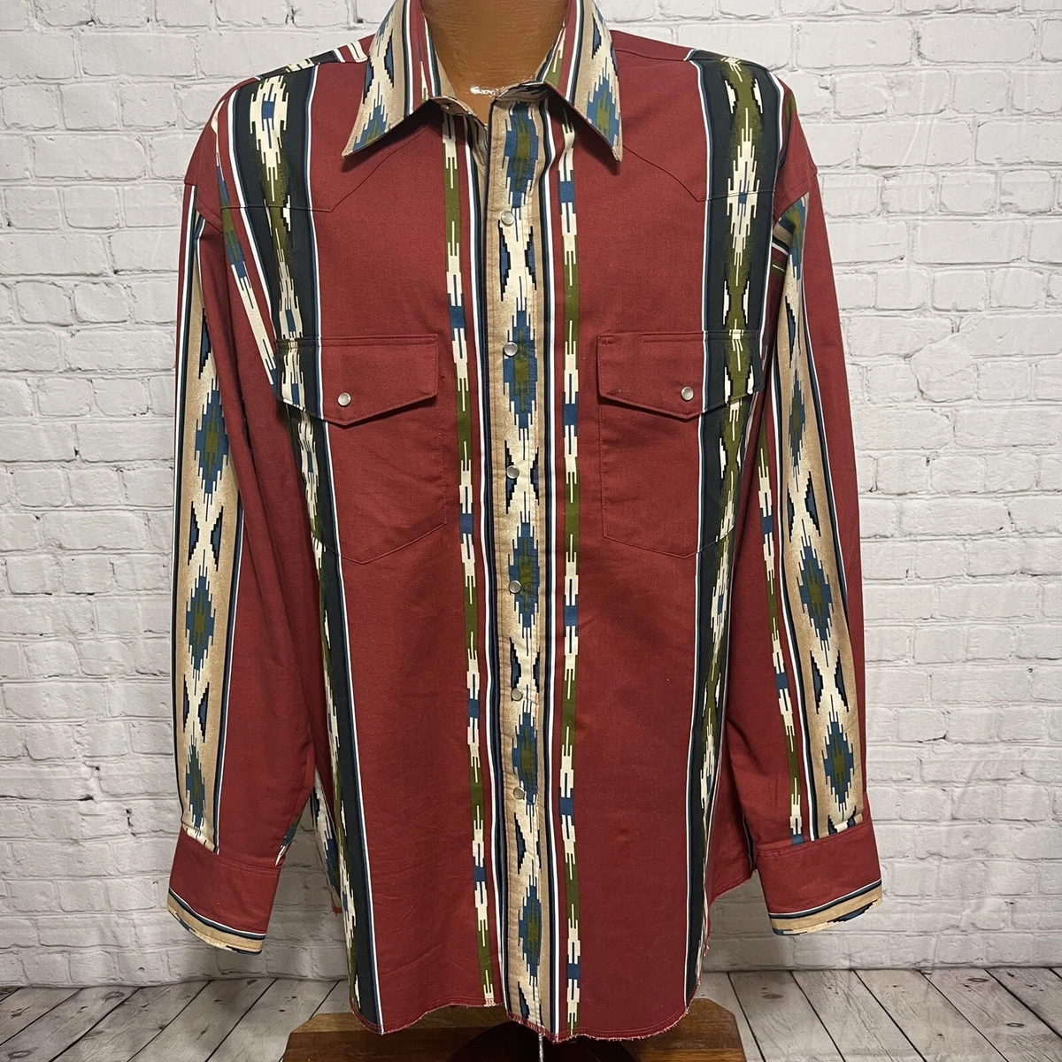 Vintage Wrangler Mens Western Shirt Snap Close Aztec Print Size XL