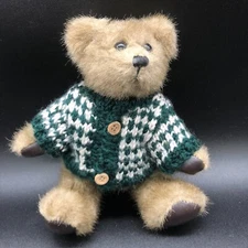 Vtg HugFun Teddy Bear 8" Jointed Green White Cardigan Sweater Christmas 1998