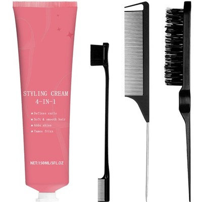 4-in-1 Styling Cream Set with 3 Pcs Slick Back Hair Brush, Smooth Sleek Hair ...