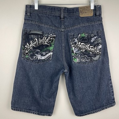 Vtg Ecko Unltd. Rawthentic Jean Shorts Size 32 Blue Y2K Embroidered Baggy Street