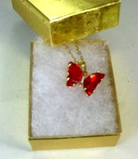Steel 18K Gold Plated CRYSTAL NECKLACE PENDANT BUTTERFLY red boxed 0.7x0.7"
