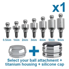 1x Dental Fixture Ball Attachment Kit & Standard Silicone Cap & Titanium Housing