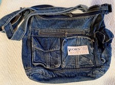 Vintage Denim Shoulder Bag Zip Closure Outer Pockets Adjustable Strap