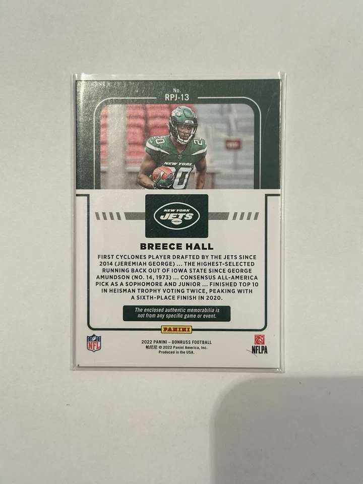 BREECE HALL 2022 PANINI DONRUSS #RPJ-13 ROOKIE ROOKIE PHENOM JERSEY RC JETS - Image 2 of 2