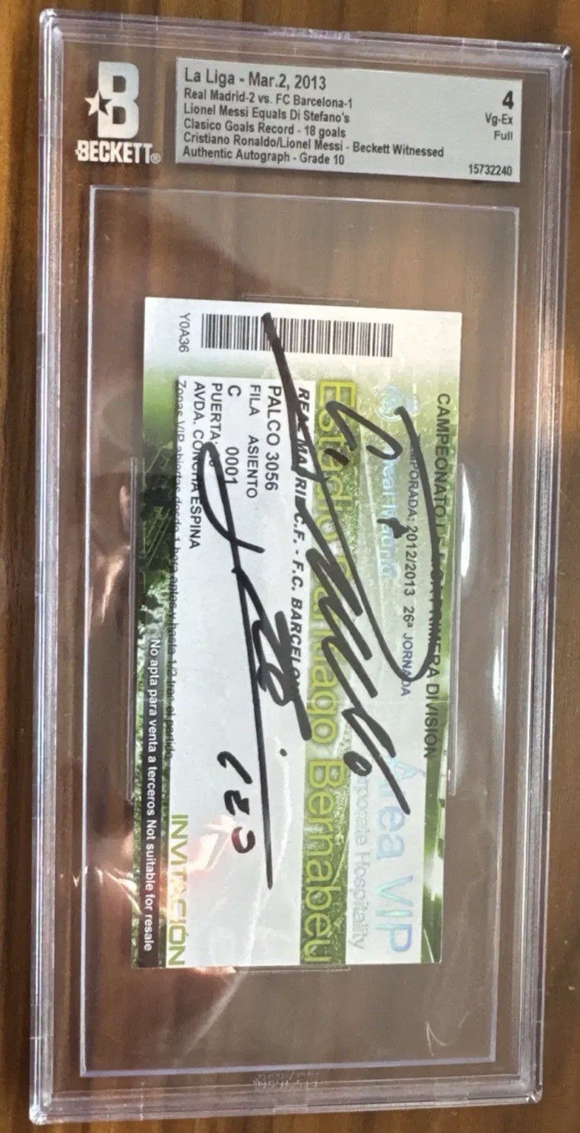 2013 Lionel Messi And Cristiano Ronaldo Dual Auto BGS 4 Auto 10 Game Ticket 
