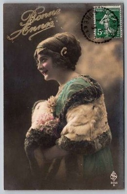 RPPC - Pretty Lady, Glamour Hand Tinted Decked in Fur Portrait Postcard 1913