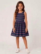 Ralph Lauren Navy Blue Striped Button Back Fit And Flare Dress Size 8 Girls