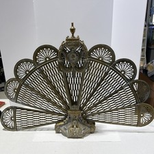 Antique Brass Folding Peacock Fan Fireplace Screen French Victorian Style