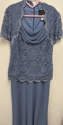 Alex Evenings Petite 10P Blue Lace Floral Formal Outfit Set Top & Wide-Leg Pants