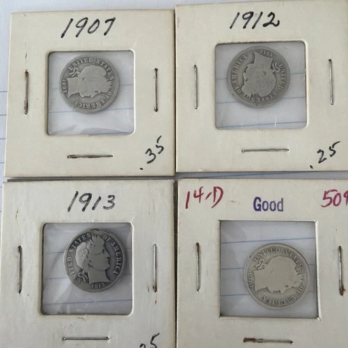 Lot Of Four (1907, 1912, 1913, 1914) 10C Barber Dimes