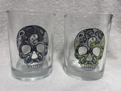 Set of  Sugar Skull Rocks Glasses   Black & Lime Green   Day of the Dead Barware