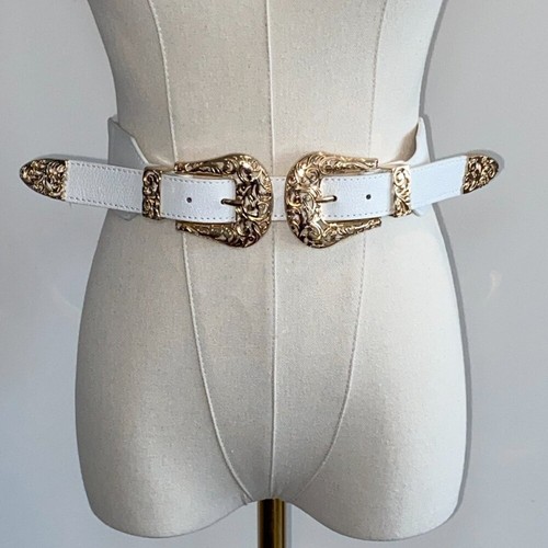 Cinturón blanco elástico doble hebilla occidental filigrana dorada para mujer - Imagen 3 de 4