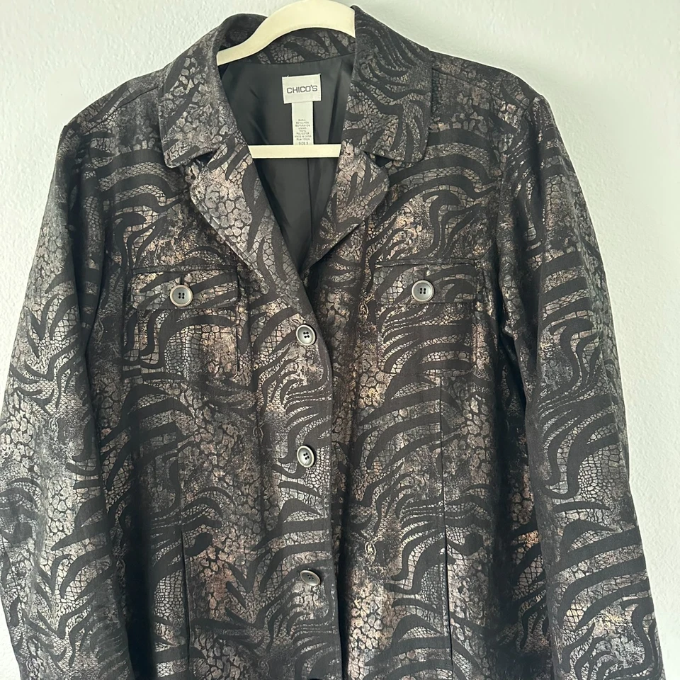 Blazer para mujer Chico talla (3/XL) mezcla de lino cobre y negro brillante chaqueta larga Foto 2 de 4
