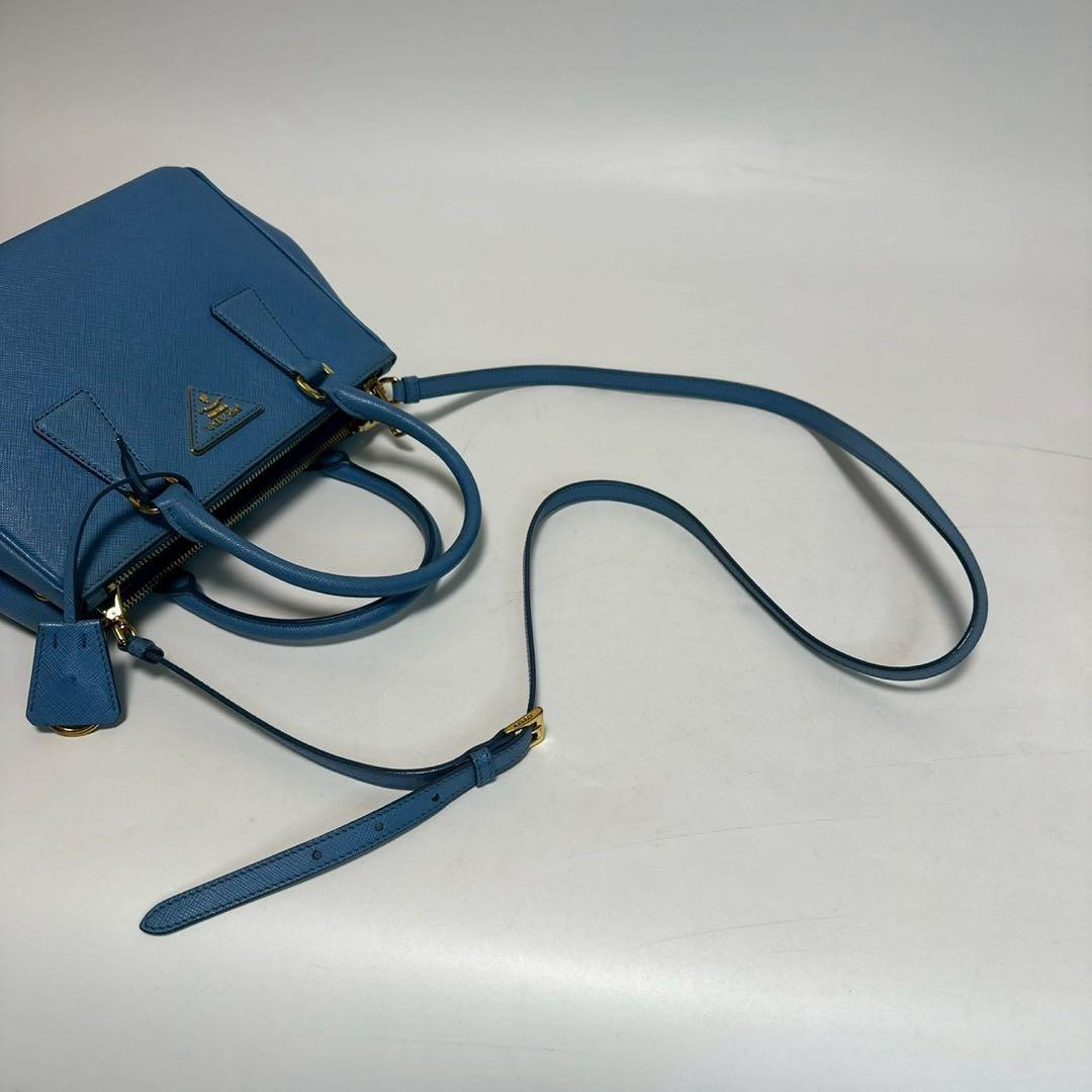 PRADA Small Galleria Saffiano Leather Handbag Blue Gold Logo Vintage Used thumbnail 8