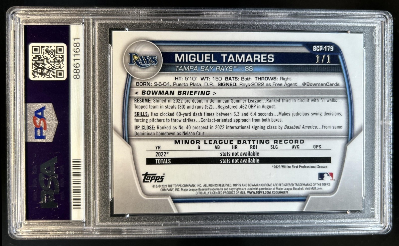 2023 Bowman Chrome Miguel Tamares Superfractor 1st Prospect #1/1 Rays PSA 8 view 2