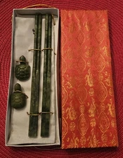 2 Pairs of Vintage Chinese Nephrite Spinach Jade Carved Chopsticks w/ stands.
