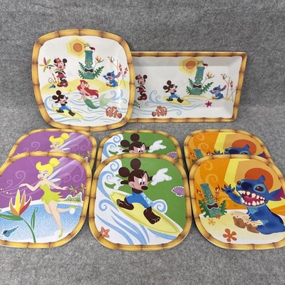 8 Piece Disney Store Melamine Plates Tinkerbell Mickey Ariel Tropical Luau Beach