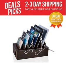 Dark Brown Multi-Device Charging Station - Wood Desk Accessories for Home Office