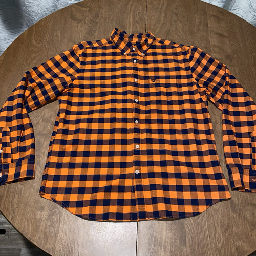American Eagle Flannel Shirt Men Orange Plaid Button Down Collared Size Medium L