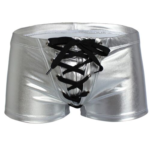 Men Shiny PVC Leather Boxer Briefs Shorts Drawstring Swim Trunks Underwear - Picture 9 of 12