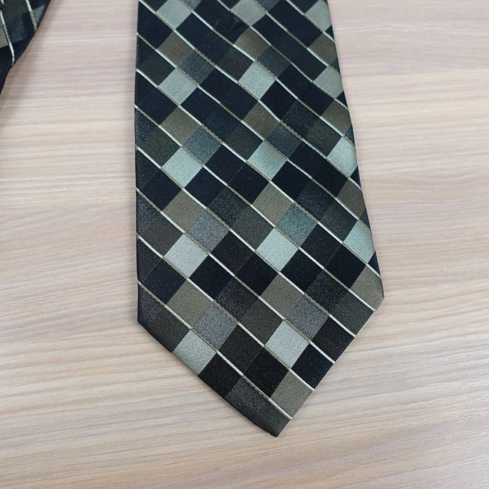 Neck Tie Mens Black Patchwork Check Textured Silk Dress Career VALERIO GARATI - Image 3 of 4