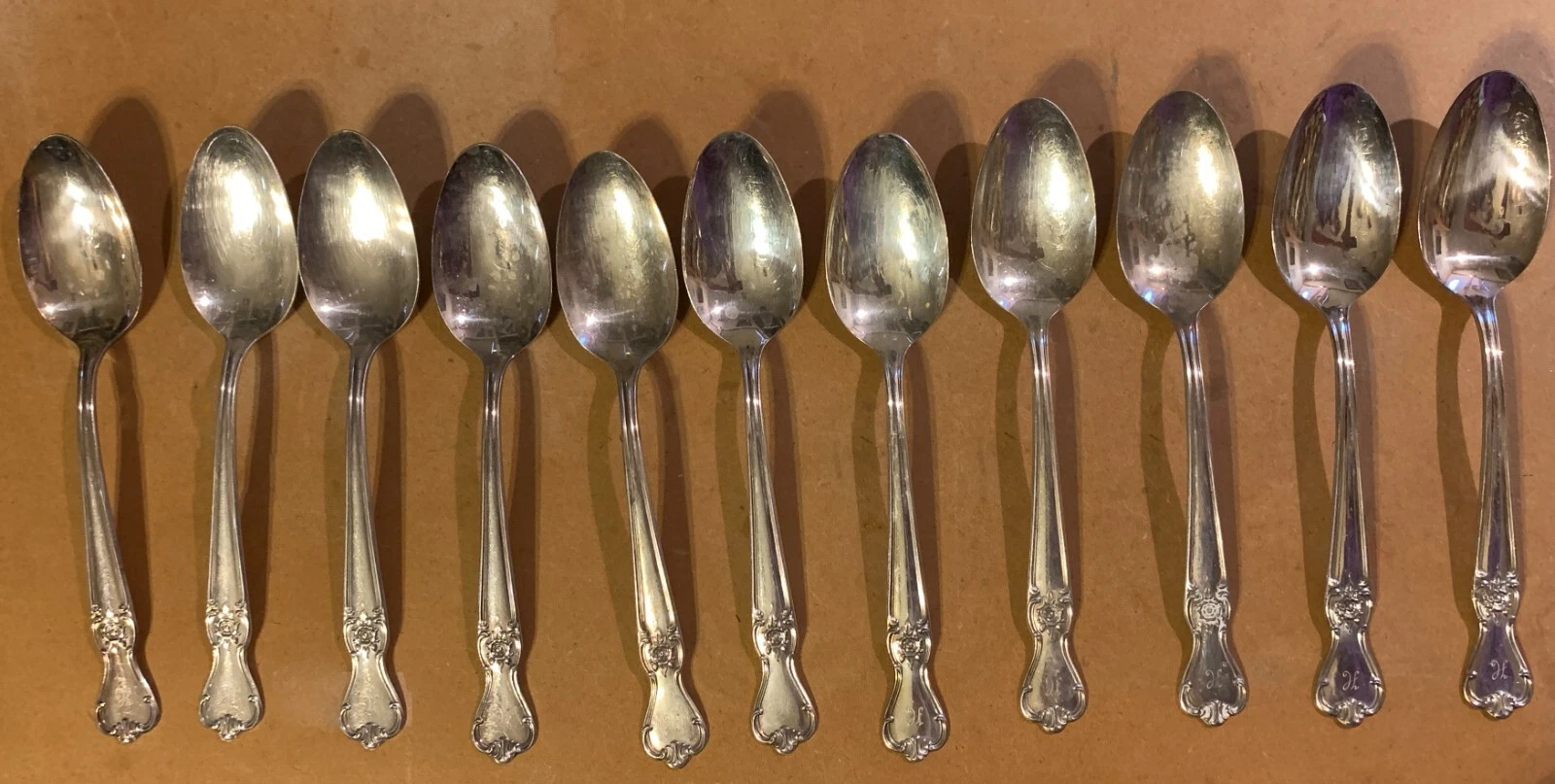 11 Vintage Old Company Signature Rose Silver Plate "H" Monogram Serving Spoons