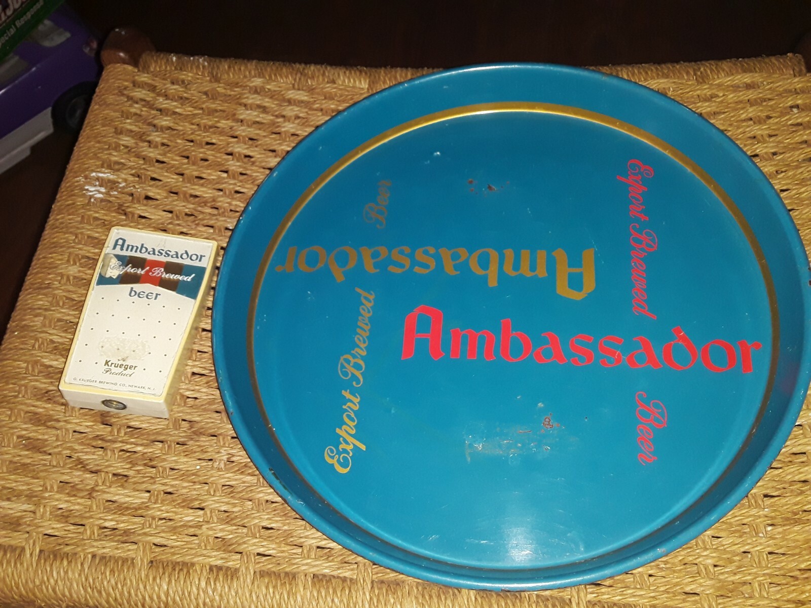 VINTAGE AMBASSADOR BEER METAL SERVING TRAY AND BEER TAP LOT RARE