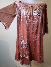 Blu Pepper Peach Multi Floral Velvet Embroidered Mini Dress Bohemian Size L NEW